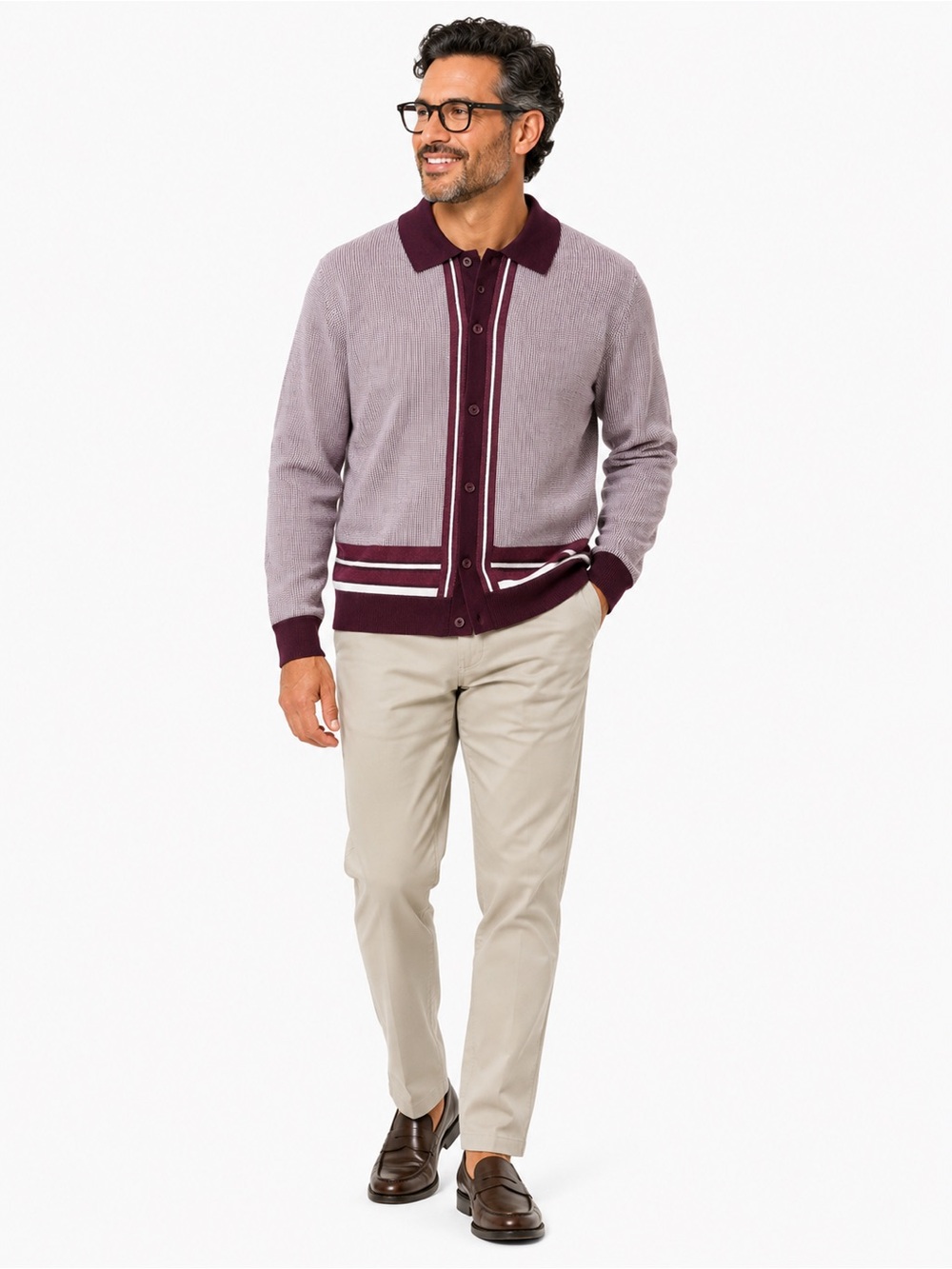 Report Collection Lavender Cardigan with Maroon Trim Cashmere Touch- M